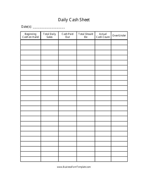 Daily Cash Sheet Template Big Table Download Printable Pdf