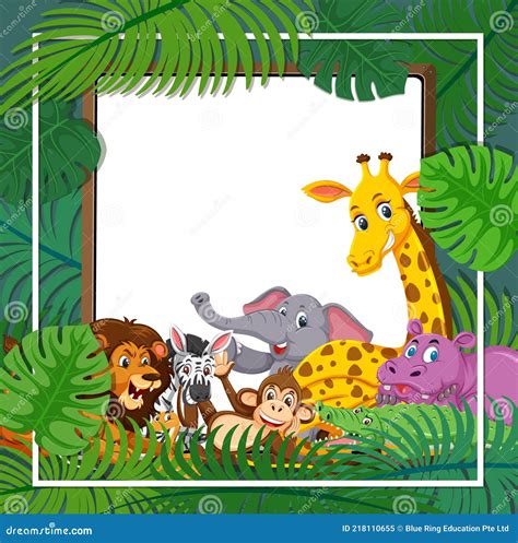 Wild Animals Group With Tropical Leaves Frame Stock Vector