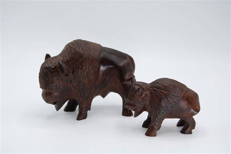 Ironwood Sculptures Two Buffalo Pair Parent Calf Baby Carving Etsy