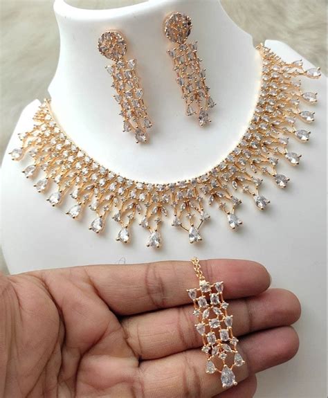 Golden American Diamond Necklace Set With Tika Size Medium At Rs 1099