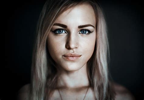 Women Model Blonde Face Pierced Nose Blue Eyes Alla Emelyanova Women Indoors Looking At