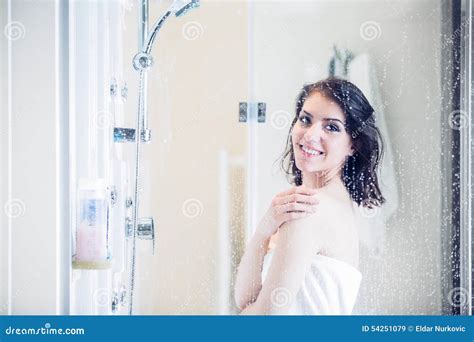 Beautiful Brunette Woman Taking Shower After Long Stressful Daywoman Showering And Enjoying