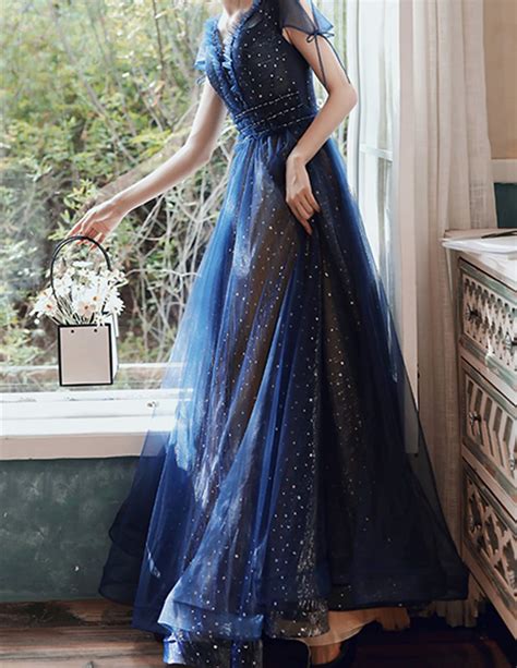 Stars Moon Sequins Prom Dress Navy Blue Long Evening Dress V Etsy