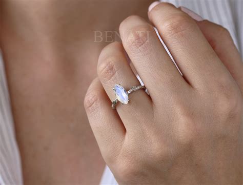 Unique Moonstone Engagement Ring Marquise Cut Rainbow Moonstone Vintage Ring Benati