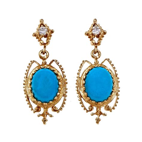 Persian Natural Turquoise Dangle Earrings 14k Yellow Gold Diamond EBay