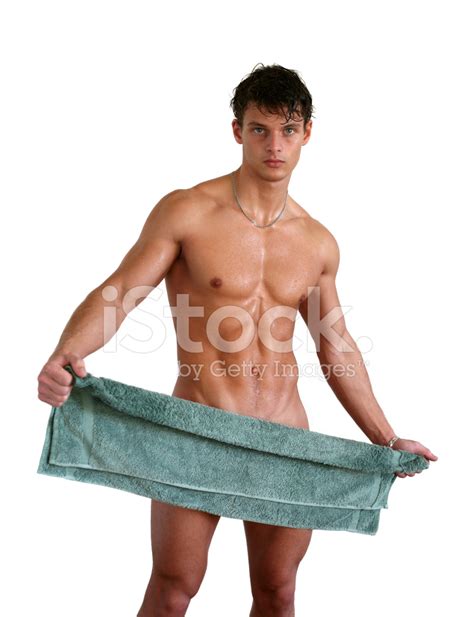 Wet Muscular Man Covered With Towel Isolated On White Stock Photo