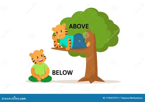 Words Above And Below Flashcard With Cartoon Animal Characters
