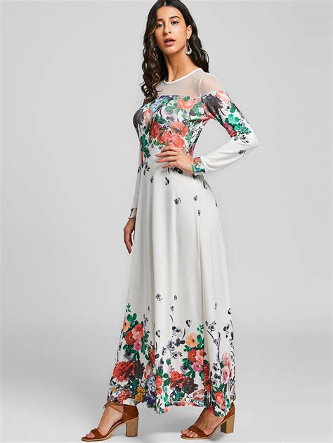 Gamiss Women 2018 Spring Mesh Insert Floral Printed Maxi