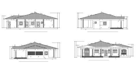 One Story House All Sided Elevation Cad Drawing Details Dwg File
