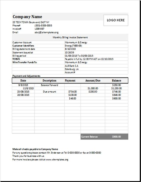 Monthly Billing Invoice Statement For Excel Excel Templates