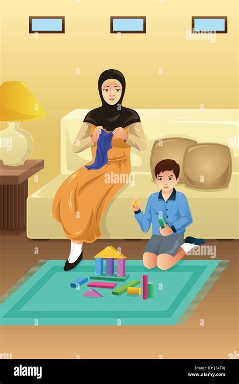 A Vector Illustration Of Muslim Mother And Son At Home Stock Vector Image And Art Alamy