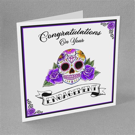 Purple Sugar Skull Engagement Card Gothic Tattoo Congratulations Goth