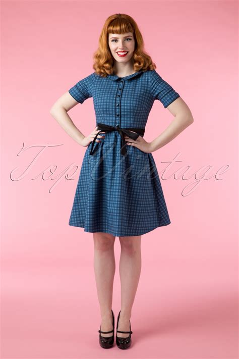 40s peggy plaid dress in blue
