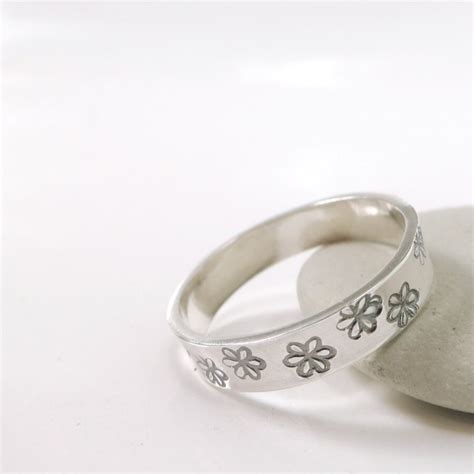 Sterling Silver Flower Band Ring Hand Stamped Stacking Ring Etsy