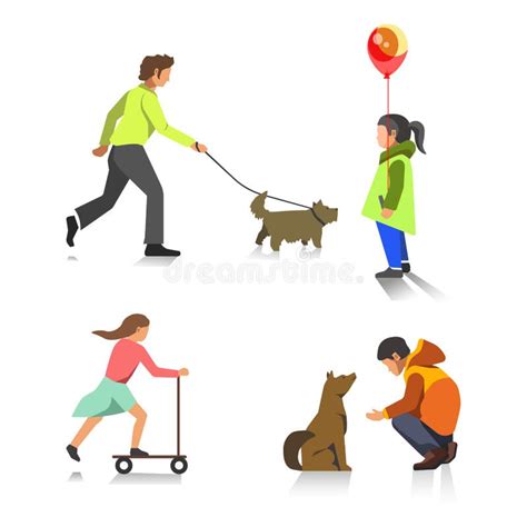People Outdoor Activity Walking Playing Vector Flat Icons Set Stock