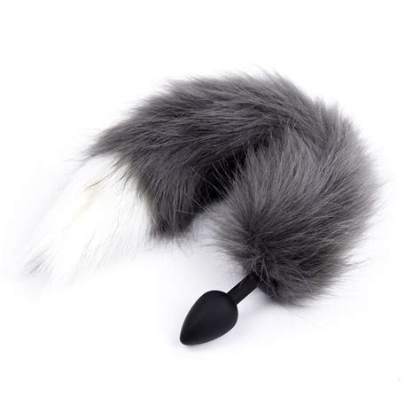28mm Silicone Anal Dildo Animal Butt Plug With Gray Wolf Fur Fox Tail