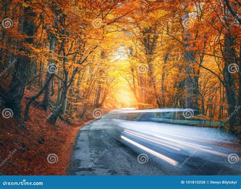 Blurred Car Going Mountain Road In Autumn Forest At Sunset Stock Photo