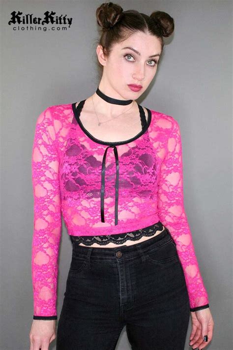 Hot Pink Lace Pastel Goth Crop Top Blouse Vest 80s Punk