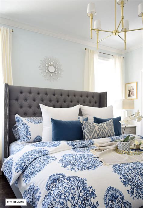 Gorgeous Blue And White Bedroom Featuring Blue And White Bedding Paired