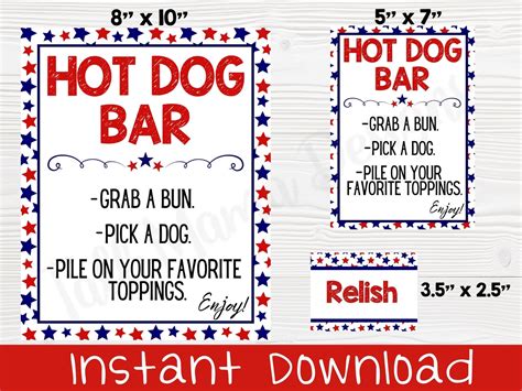 Hot Dog Bar Sign Printable Hot Dog Bar Food Labels Fourth Of Etsy