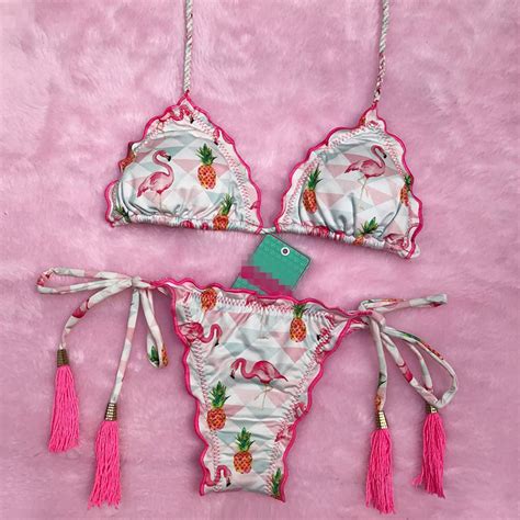 New Flamingo And Pineapple Printed Brazilian Bikini Braided Rope 2021 Sexy Women Swimsuits Push