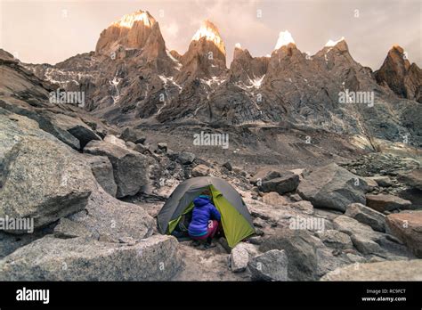 Rock Climber Camping In El Chaltén South Patagonia Argentina Stock