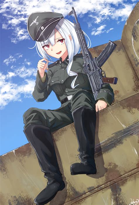 Wallpaper Anime Girls Stg 44 Uniform Waffen Ss Long Hair White