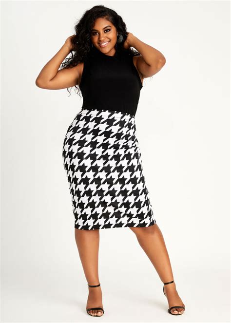 Plus Size Houndstooth Stretch Pull On Tailored Chic Pencil Midi Skirt