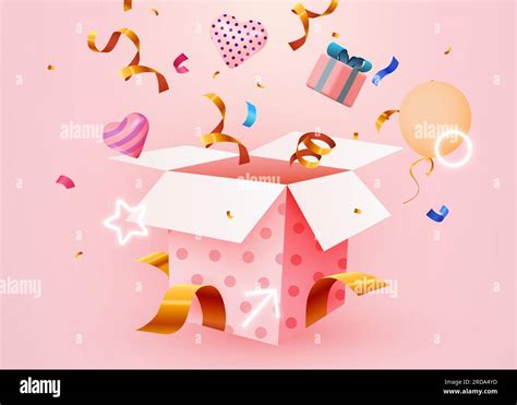 Cute Surprise Gift Box With Falling Confetti Present Box As Prize Concept Vector Illustration
