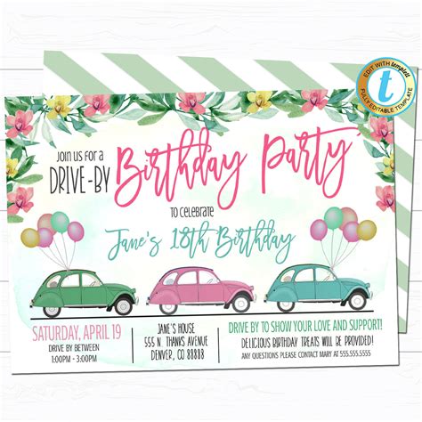 Drive By Birthday Party Parade Invite Tidylady Printables