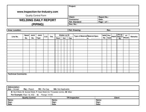 Welding Inspection Report Template And Piping Welding Daily Quality