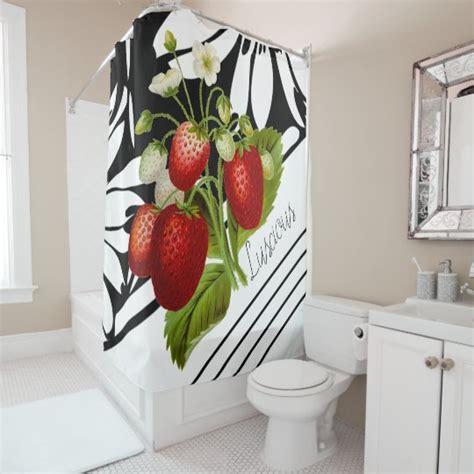 Luscious Strawberries On Black And White Graphic Shower Curtain