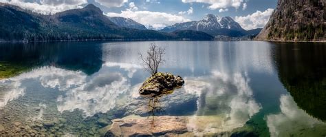 Download Wallpaper 2560x1080 Lake Reflection Stones Tree Mountains