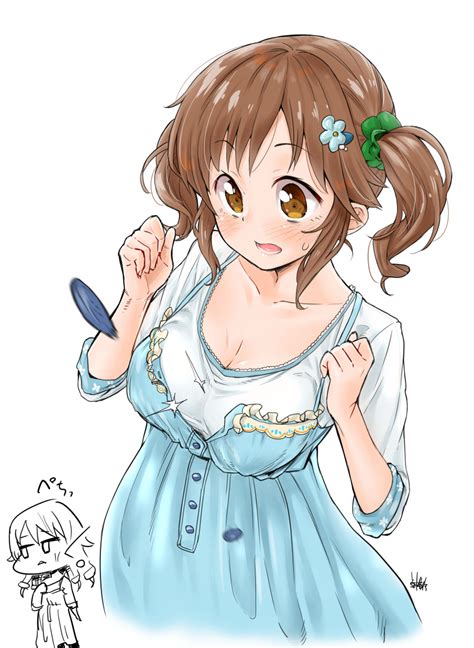 Safebooru 2girls Absurdres Blouse Blue Dress Blush Breasts Brown Eyes Brown Hair Button Fly