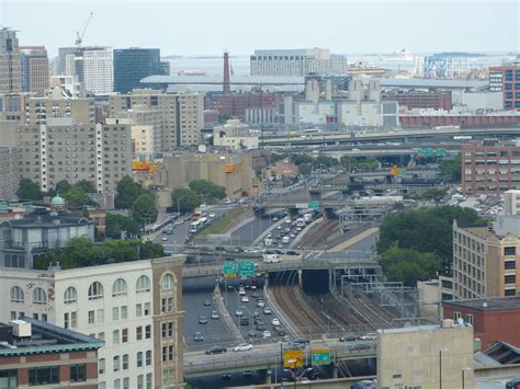 The Mass Pike and the train line running from Back Bay to South Station