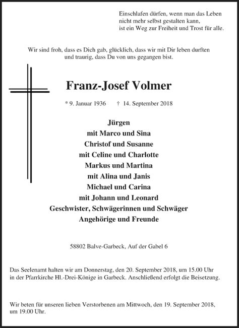 Traueranzeigen Von Franz Josef Volmer Trauer In Nrw De