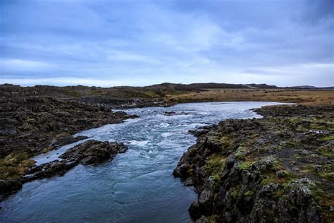 Icelandic Streams Rivers Blue Sky Background Iceland Stream River