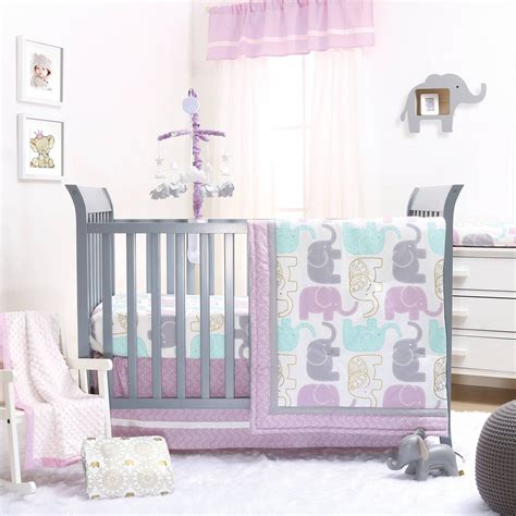 The Peanutshell Little Peanut Lilac Crib Bedding Set 4pc Elephant
