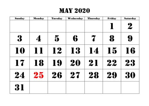 Print Monthly Blank Calendar May 2020 Printable Template Pdf Word Excel