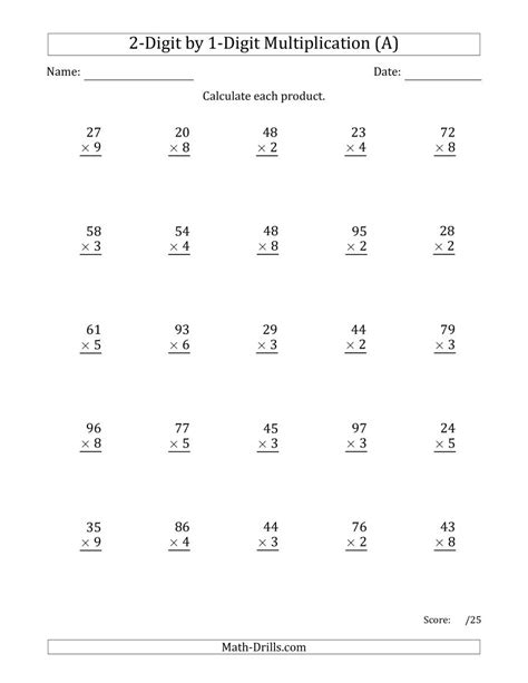2 Digit By 1 Digit Multiplication Worksheets On Graph Paper