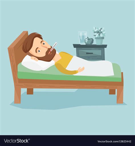 Sick Man With Thermometer Laying In Bed Royalty Free Vector