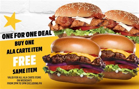 Carls Jr Promotion 1 For 1 Ala Carte Burger From 2 To 5pm At Selected Outlets Allsgpromo