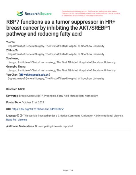 pdf rbp7 functions as a tumor suppressor in hr breast cancer by inhibiting the akt srebp1
