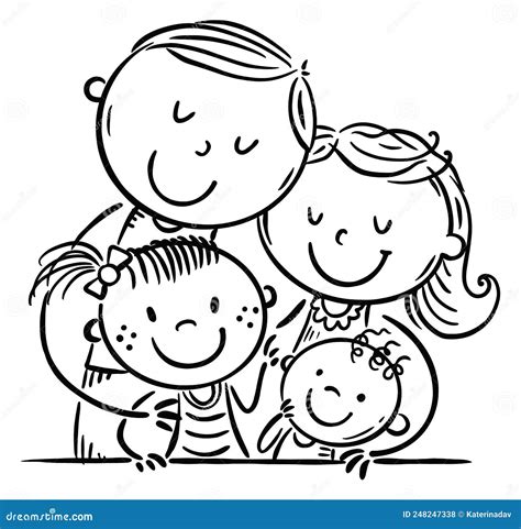 Hugging Kids Parents Embrace Their Children Outline Cartoon Image