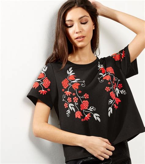 Cameo Rose Black Floral Embroidered Top New Look Embroidered Top