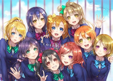 ayase eri black hair blonde hair blue eyes blue hair blush bow brown hair green eyes group