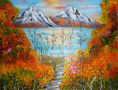 Original Modern Oil Painting Autumn Sunset In Mountains 2