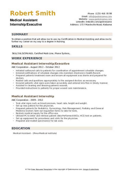 Craft a personalized summary statement. Medical Assistant Internship Resume Samples | QwikResume