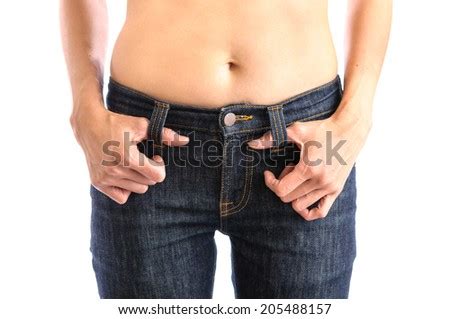 Jeans Woman Waist Wearing Jeans Weight Loss Stomach Closeup Skinny