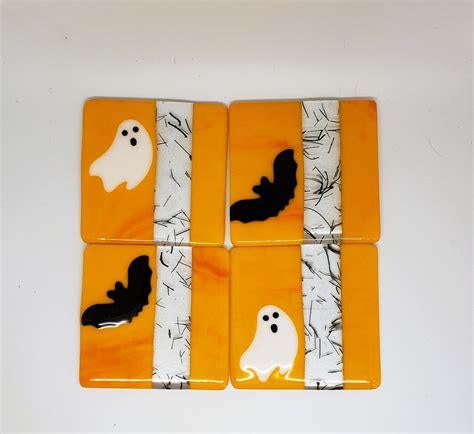 Fused Glass Halloween Coasters Black Bats And Ghosts Fused Etsy